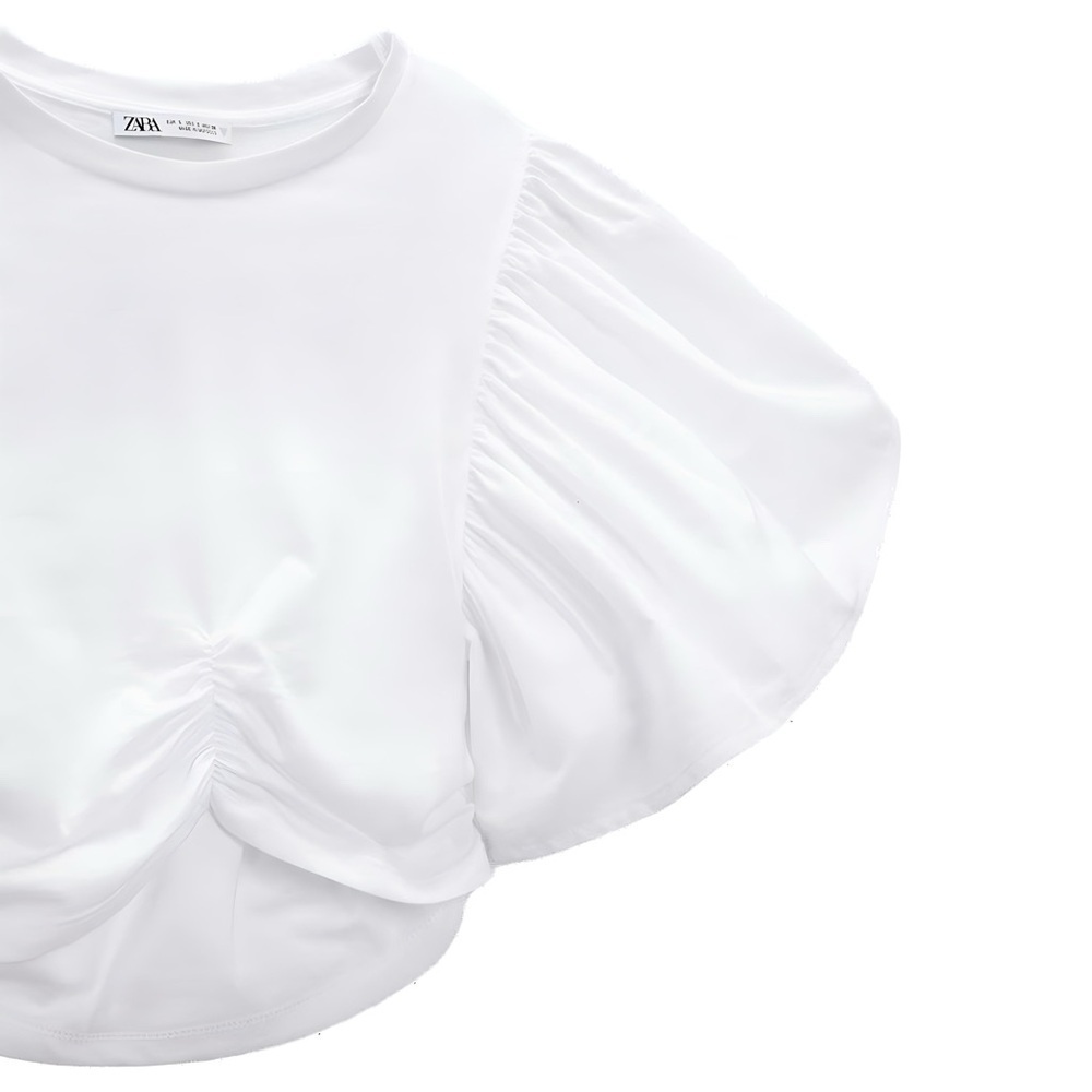 (NWOT) ZARA White Ruffled Crop Top | Puff Bell Sleeves Ruched Hem | Size Small - Picture 5 of 10